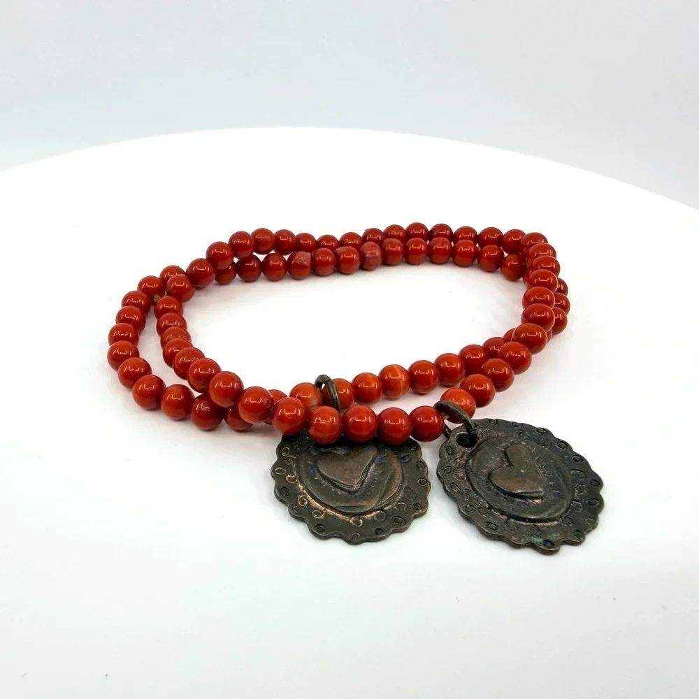 Vintage Red Beaded Double Strand Bracelet Bronze Heart Charms Boho Artisan Y2K